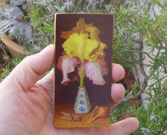 Small original oil painting, still life of a yellow and pink iris with a porcelain vase, a grasshopper and a seashell