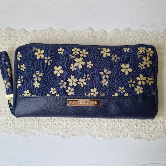 Portefeuille long zippé "Sakura" bleu doré & simili cuir bleu marine
