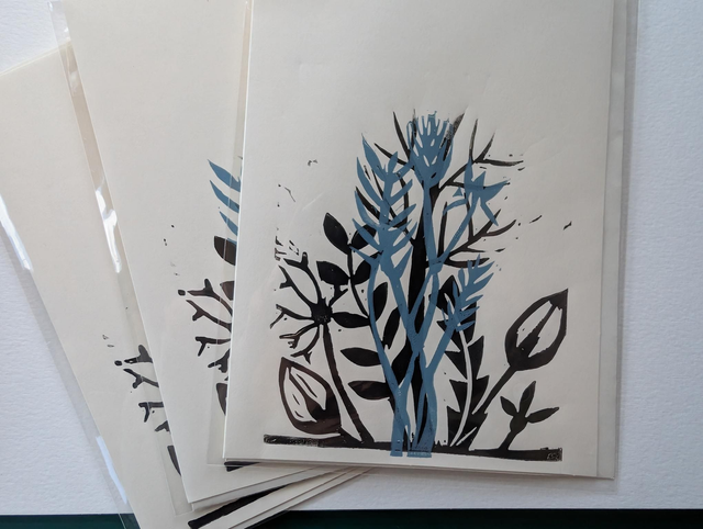 Blue and Black on Cream hand print card 