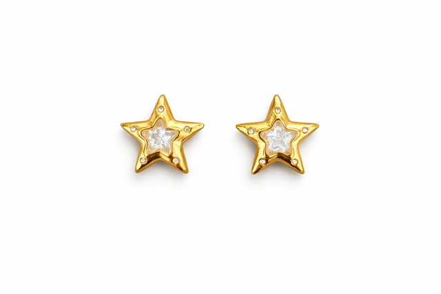 Pendientes acero dorado y brillos estrella 