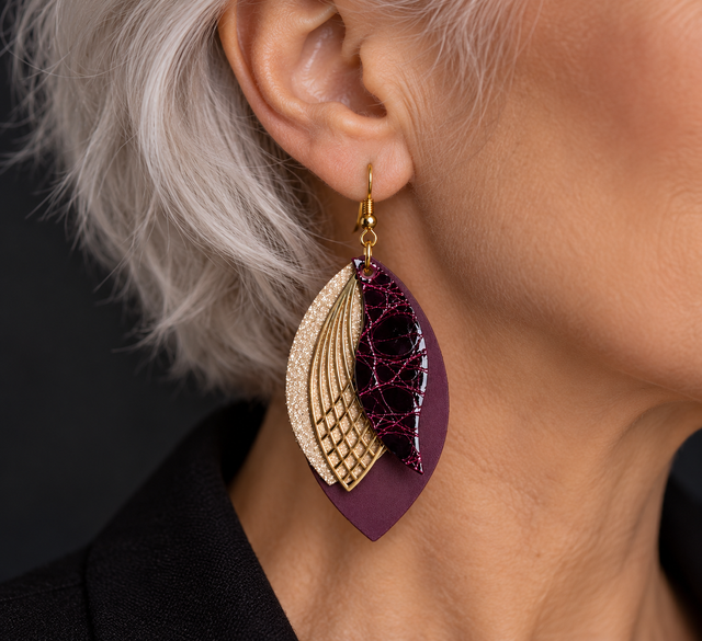 Éclat de Prune & Or – Boucles d’oreilles asymétriques en cuir véritable