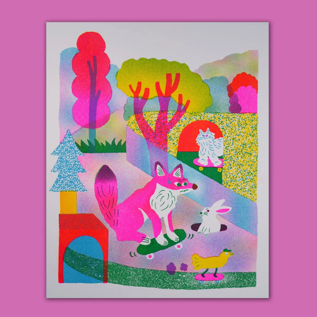 Skateboard Fox Cat Rabbit Bird 10x8 Risograph Wall Art