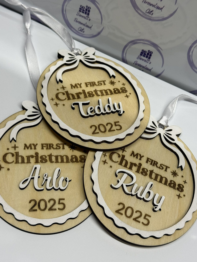 Handmade personalised wooden baby&#039;s 1st Christmas tree decorations