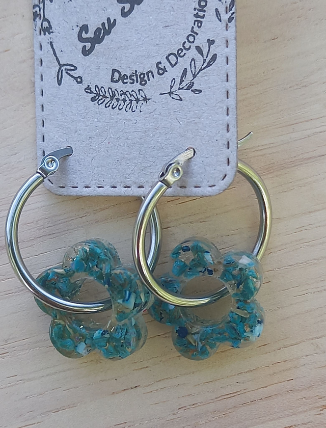 Boucles d&#039;oreilles - Créoles argentées Fleur bleu turquoise