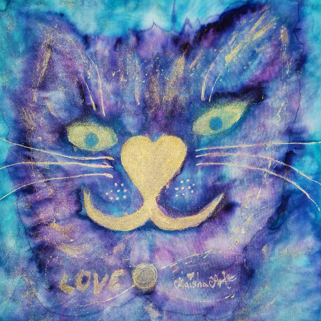 Unikaten, Ročno poslikan Svilen Robček, Pogled Mačke