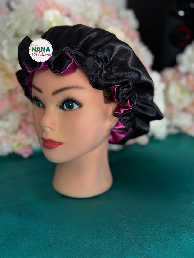 Pack Framboise - Bonnet satin réversible bicolore + 2 chouchous assortis | Fait main | Protection cheveux | Fuchsia et noir