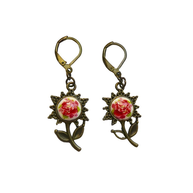 Boucles d&#039;oreilles pendantes fleurs rose rouge