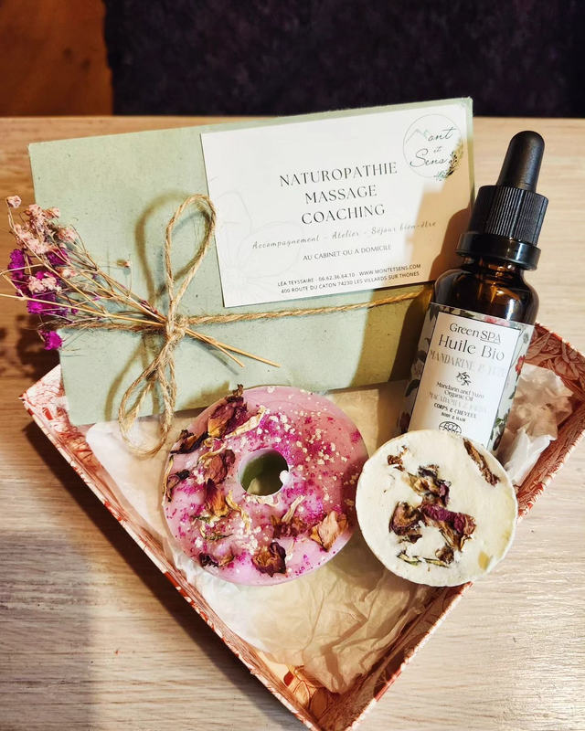 Coffret Cadeau : massage de 1h00 + bougie florale OU huile OU parfum OU Baume OU Tisane au choix + savon OFFERT 