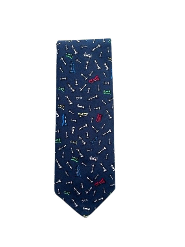 Cravate fine bleu à motif pièces  jeu d&#039;échecs (finition à la main)