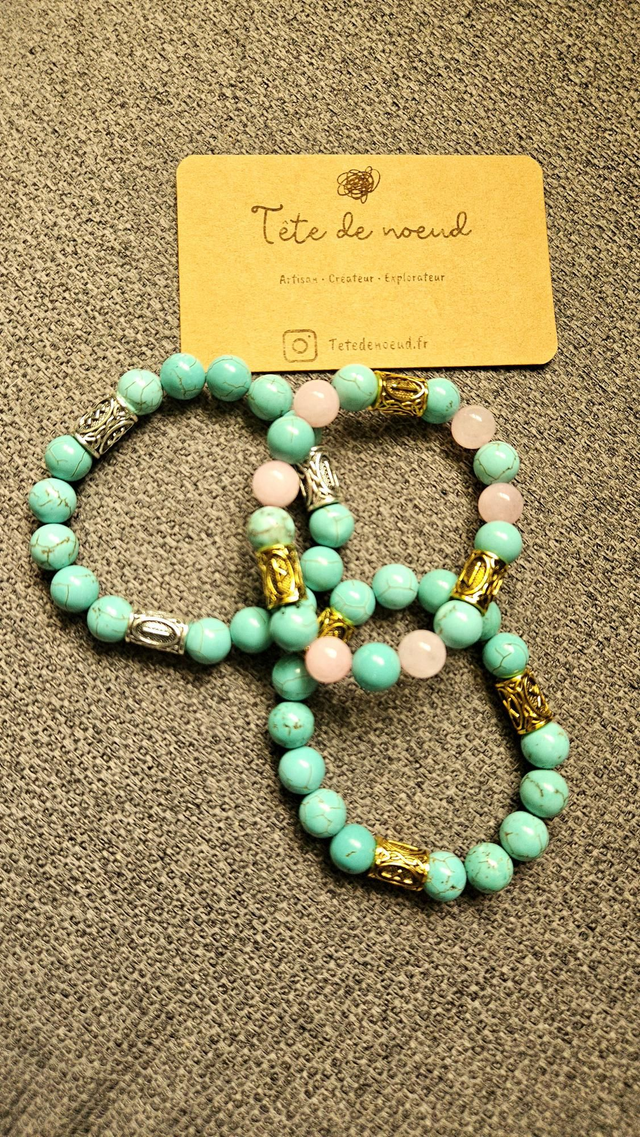 Bracelet pierre naturelle turquoise et quartz rose 