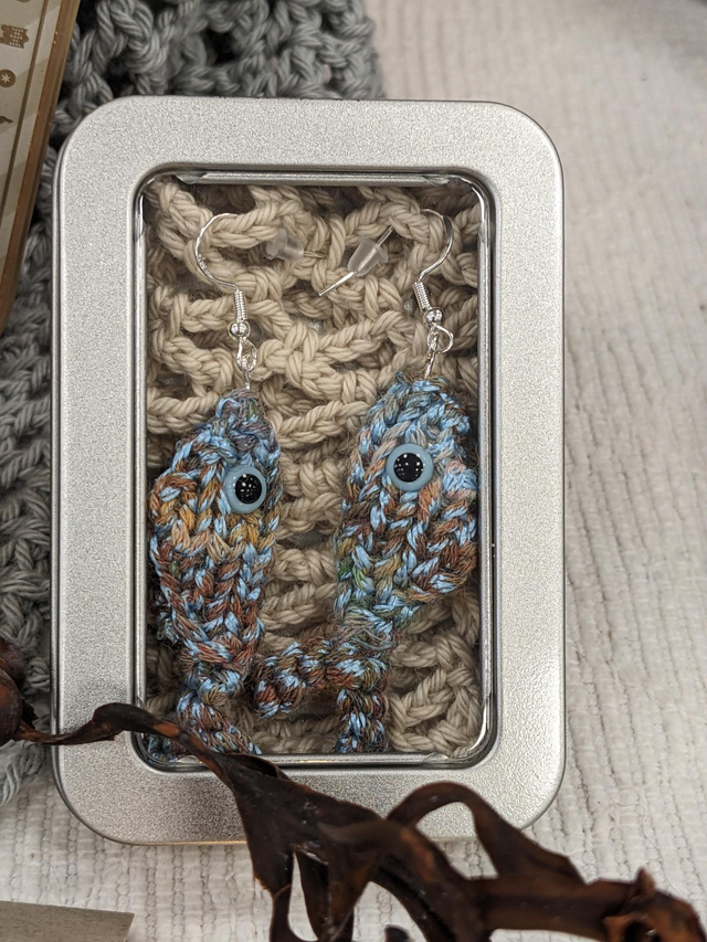 Sterling Silver Sardine Earrings – Capten Broga (Claire Garland Dotpebble Knits) Inspired, Nautical Jewelry tinned in Landing Net Bag