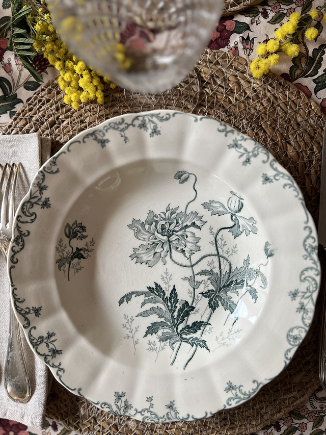 **RESERVEE** PAVOTS GRIS-VERT - Suite de 6 assiettes creuses modèle Pavots par la manufacture française Choisy le Roi (H. Boulenger) - Terre de Fer