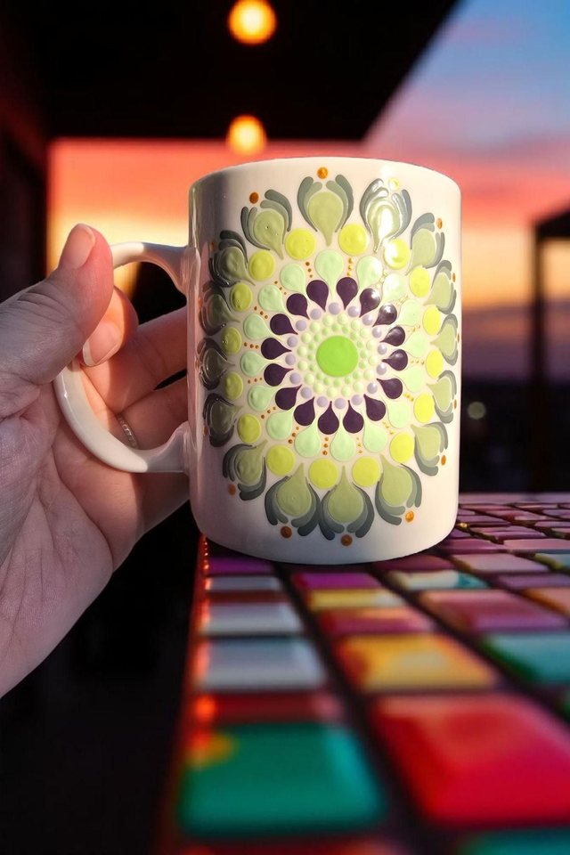 Mug mandala pointillisme vert et prune -  Tasse à café ou thé en céramique blanche brillante – Cadeau zen et relaxant