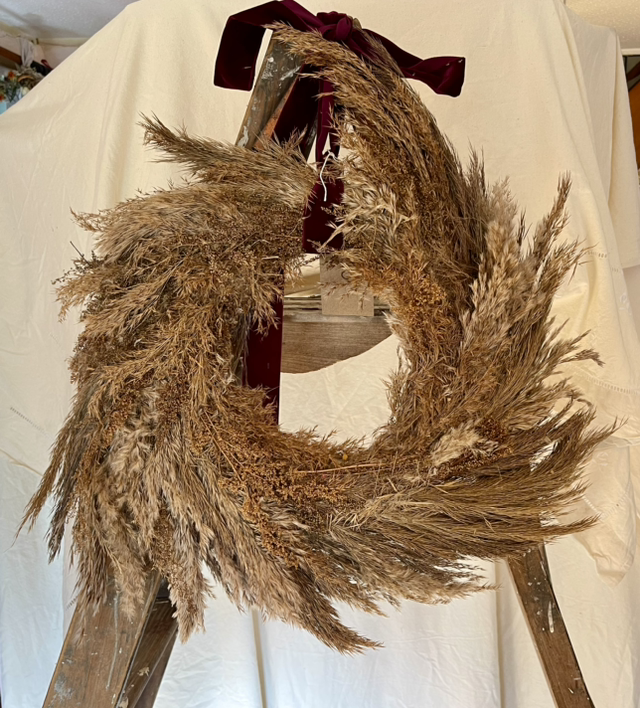 luxurious pampas wreath with wine red velvet ribbon