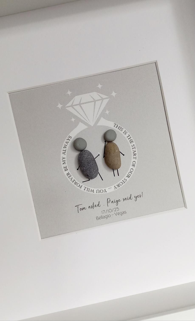 Personalised Engagement Pebble Art Gift | Custom Framed Couple Artwork with Names, Date & Location | Unique Engagement Keepsake