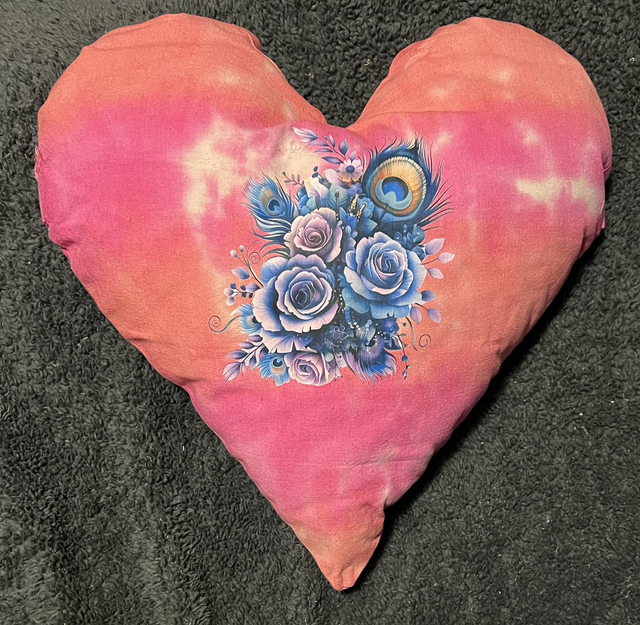 Hand tie dye cushion with flowers and feathers