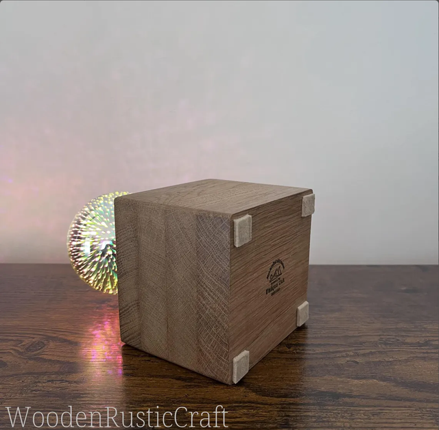 Small Oak Cube Lamp with Decorative Bulb
