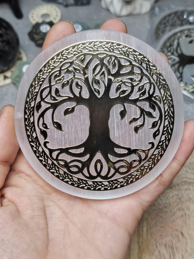 Plaque "Arbre Céleste" – Sélénite  – Gravure Arbre de Vie