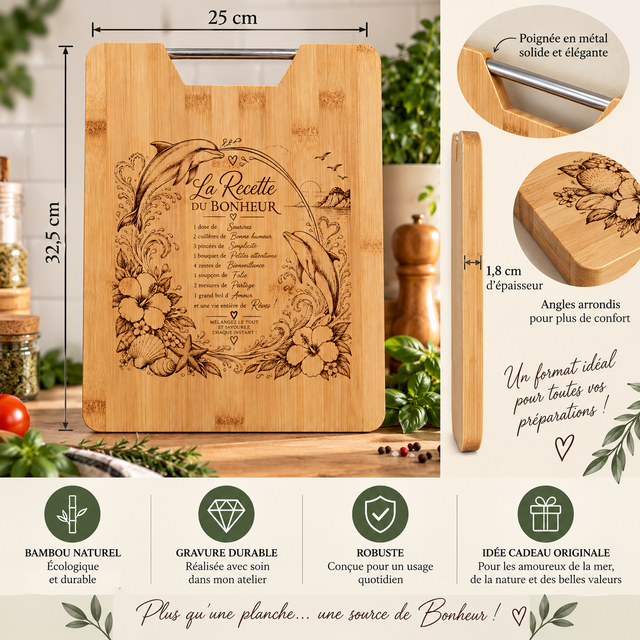 Planche à découper / planche apéro en bambou gravure laser "La recette du Bonheur" - Cadeau fête, anniversaire, crémaillère, mariage (1)