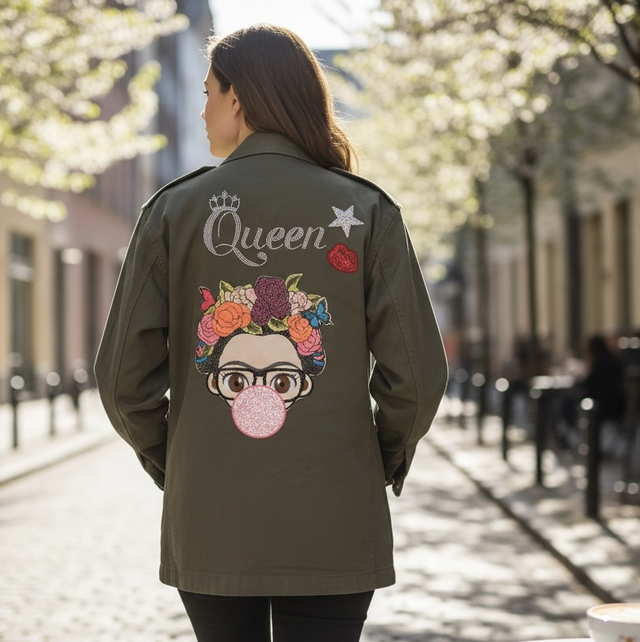 Veste militaire customisée Frida Kahlo 38/40 