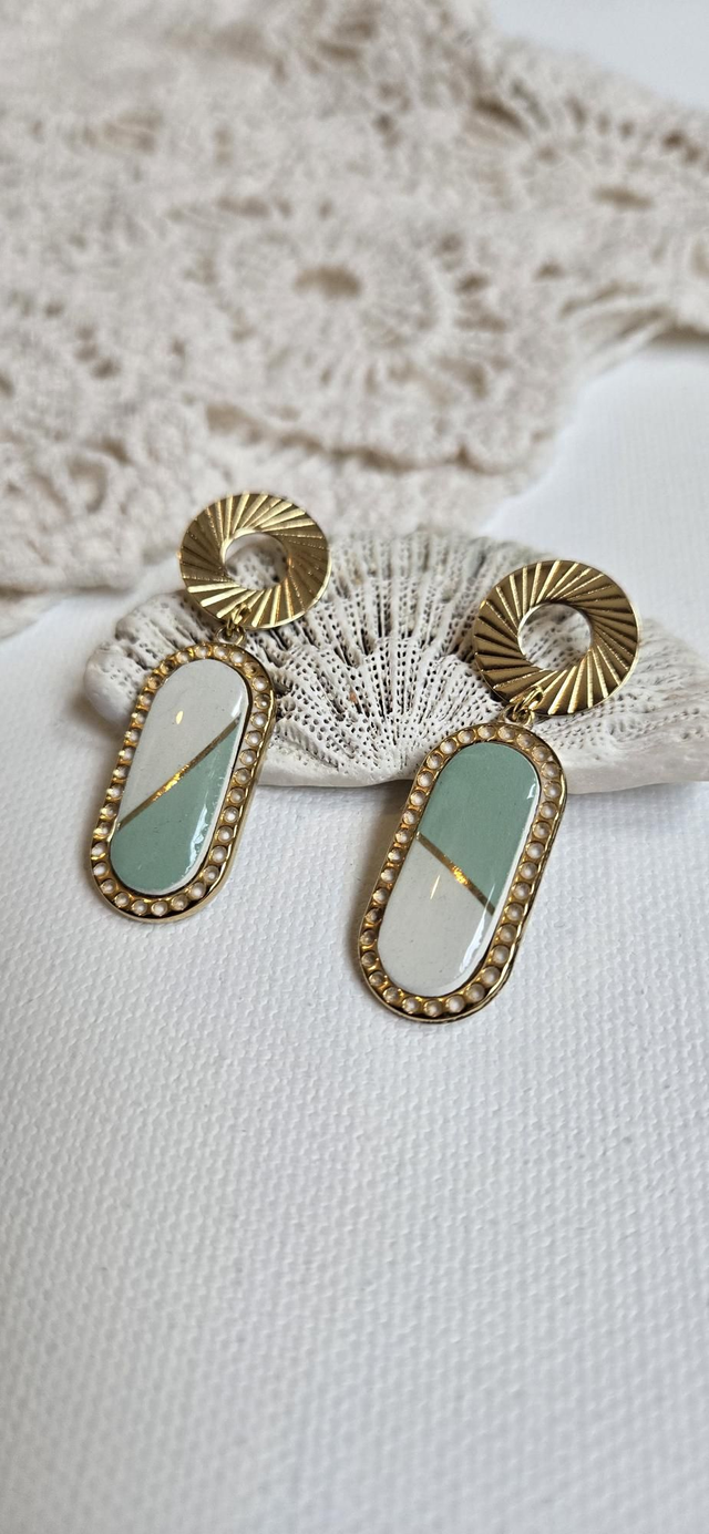 Paire de boucles d'oreilles - porcelaine Badonviller - acier inoxydable doré