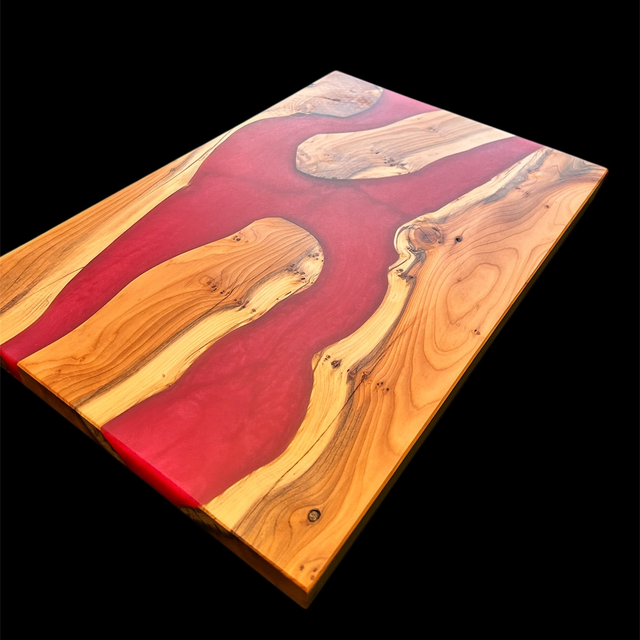 Yew Wood &amp; Red–Pink Resin Statement Board – Handmade River Style Wooden Board