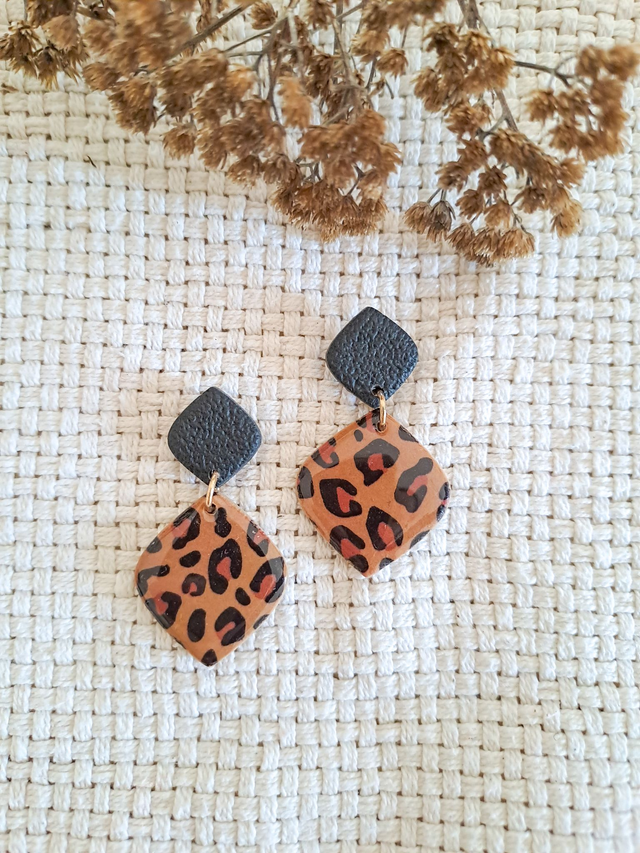 Boucles d'oreilles Graou losange Léopard beige