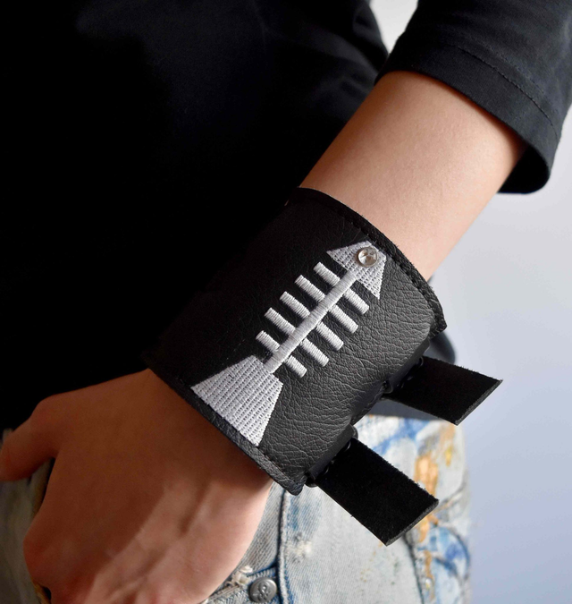 Wide black leather wrist strap "Lu", with embroidery