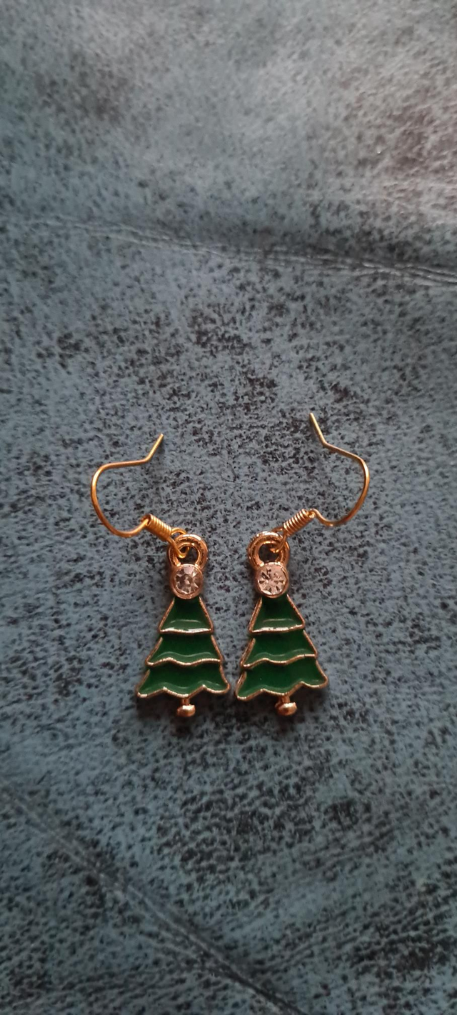 New Gold Enamel Green Christmas Tree Diamante Earrings Hooks