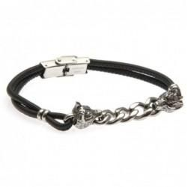 Bracciale uomo in pelle nera con catena e lupi