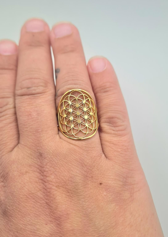 Bague réglable en acier inoxydable or ou argent "Fleur de vie"