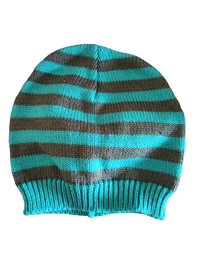 Bonnet rayé turquoise et gris