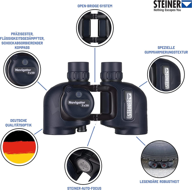 Steiner Navigator 7x50 Jumelles Marines avec Boussole - Boussole HD éclairée, Porro à Pont Ouvert, Haut Niveau de détail, étanche à 5 m