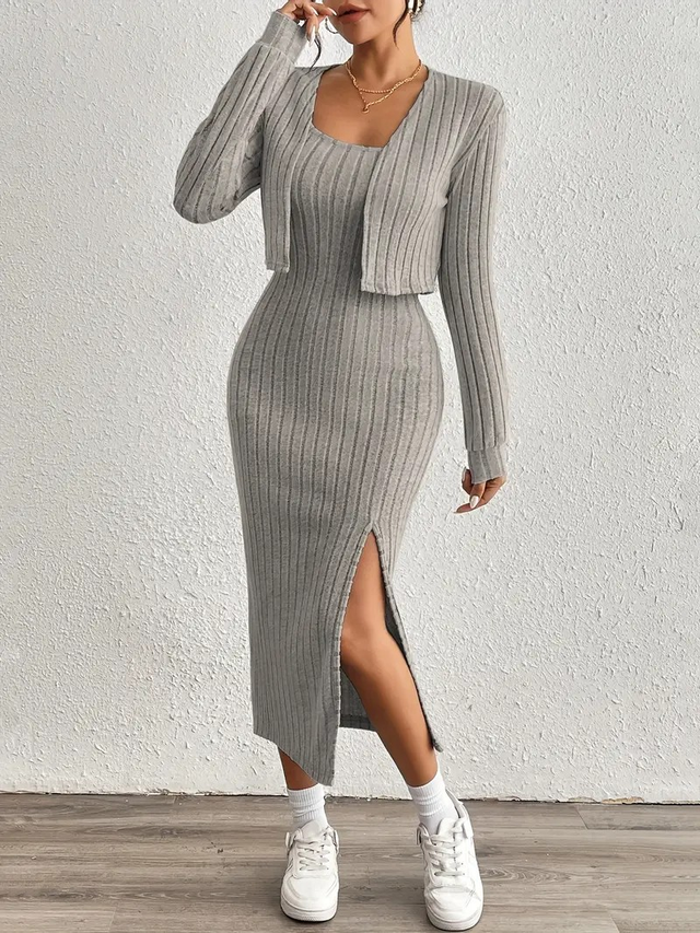 Women's Simple y Fleece Two-Piece Dress and Jacket Set
