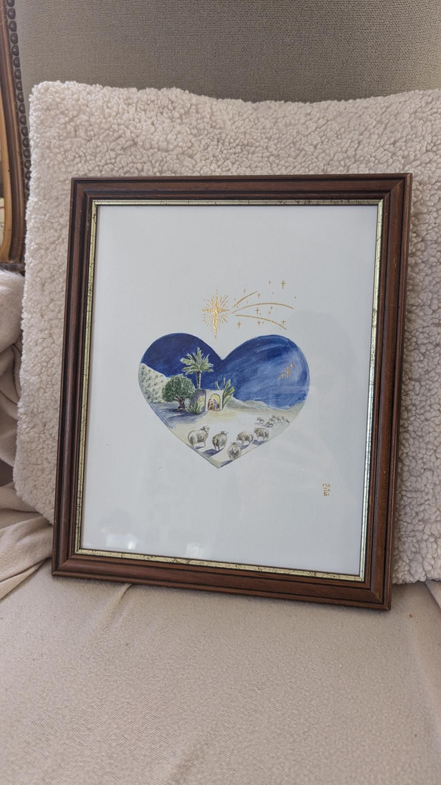 Aquarelle originale Crèche dans la nuit