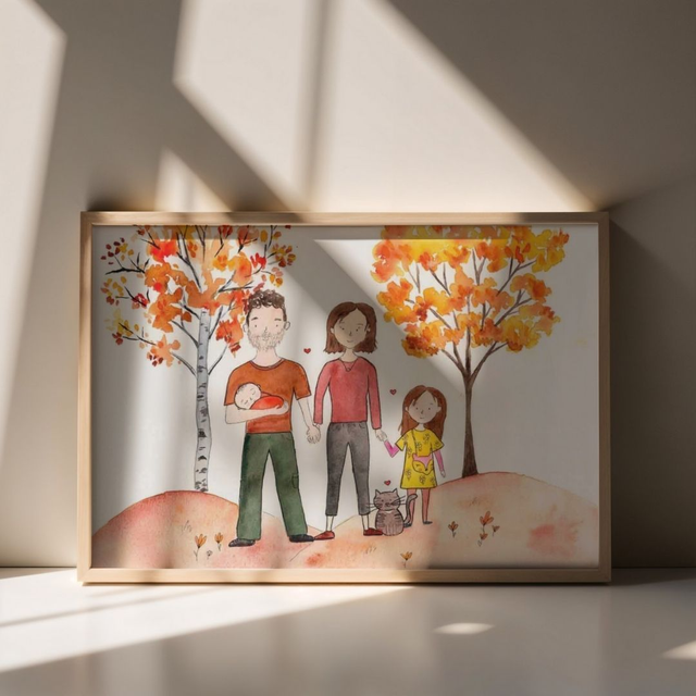 Portrait de famille personnalisé à l’aquarelle – Illustration sur mesure A4