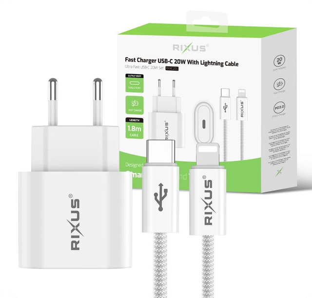 Chargeur Original Rixus 20W USB-C + Câble Lightning 1,8 m – Charge Ultra Rapide pour iPhone & iPad