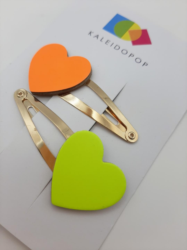 SALE! Neon leather hairclips  - orange  / yellow hearts 