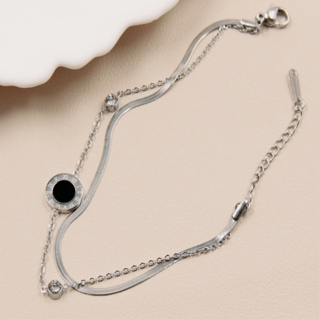 Bracelet argenté double chaîne cercle noir