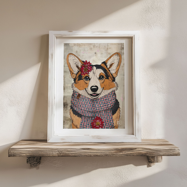 Corgi Dog In Floral Mixed Media Art Print A4