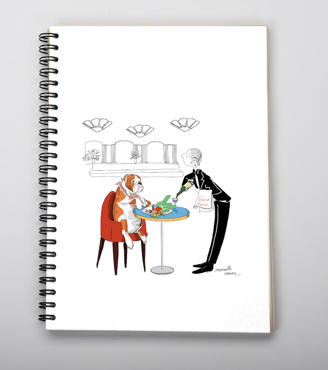 Carnet A5 de la marque Pepeuf portant une illustration faite par Moiselle Isaure appelée "Chien à table"