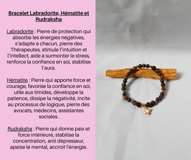 105- Bracelet Labradorite, Hématite et Rudraksha