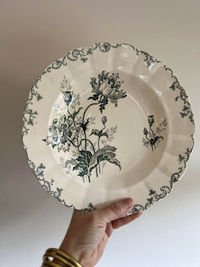 **RESERVEE** PAVOTS GRIS-VERT - Suite de 6 assiettes creuses modèle Pavots par la manufacture française Choisy le Roi (H. Boulenger) - Terre de Fer