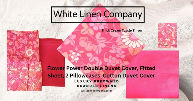 Flower Power Pink Retro Vintage Double Duvet Cover 100% Cotton, Fitted Sheet, 2 Pillowcases