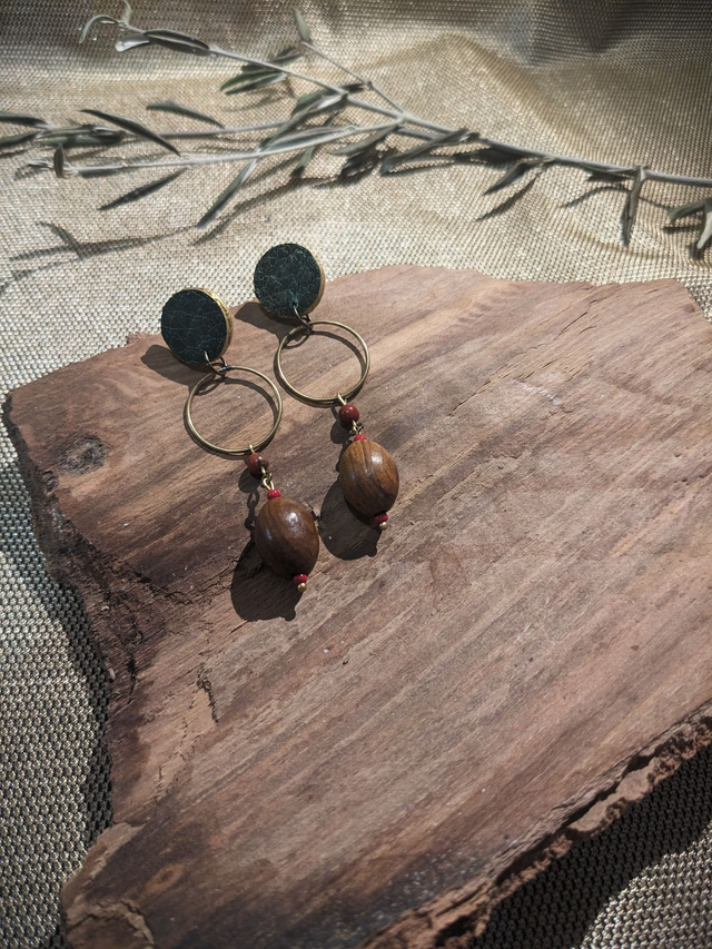 "Alis" - Pendants Olivier, Cuir, Jaspe Rouge et Bronze