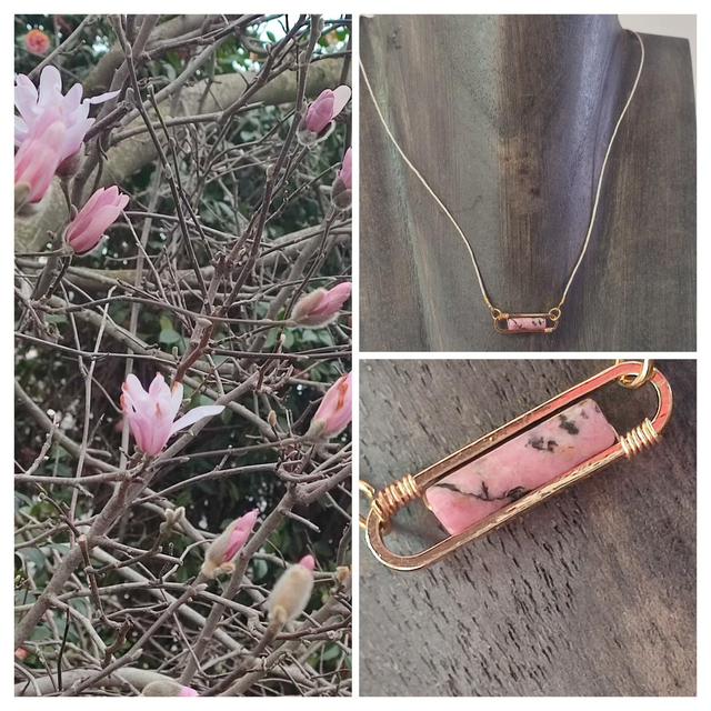 Z-Collier rhodonite, pierres naturelles monté sur fil de lin réglable avec chaîne d&#039;extension en acier inoxydable doré, pièce unique 