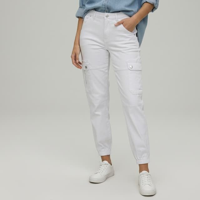 Pantalon Cargo Femme Blanc – Coupe droite avec poches latérales et chevilles élastiquées