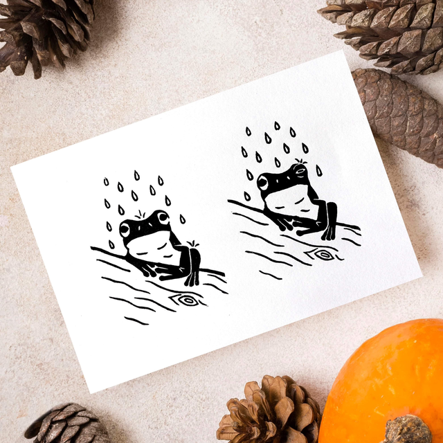 Linogravure A5 Grenouille sous la pluie 