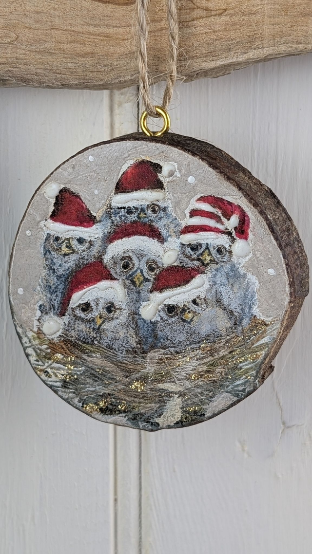 Owl babies, Santa hats - Log slice