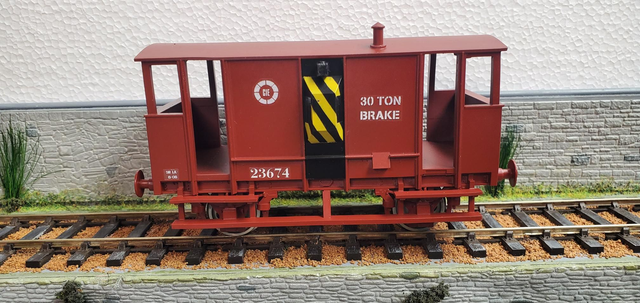 30 ton CIE brake van fitted with steel wheels running in brass bearings. 